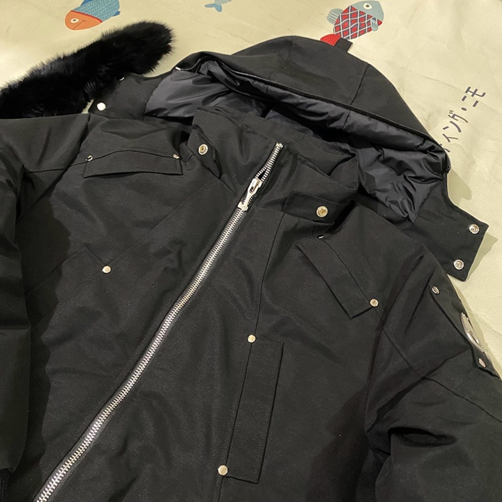 Moose Knuckles Black Down Jacket with Fur Collar and Hood - Picture 5 of 12